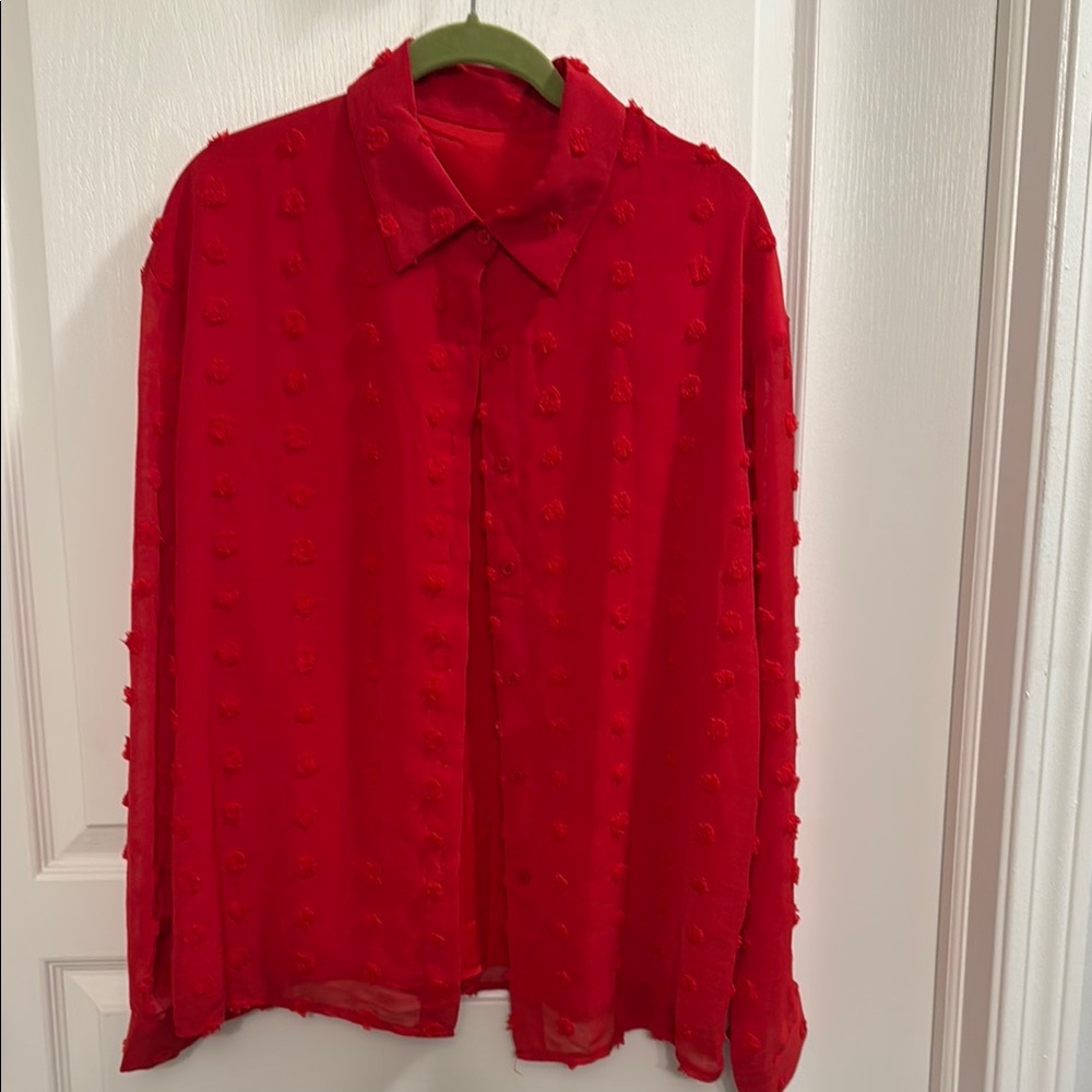 Red Textured Button-Up Blouse